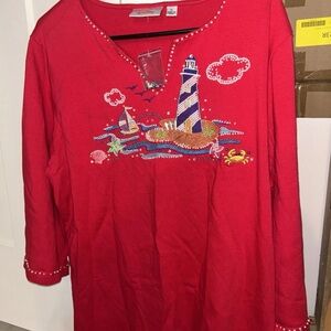 Quacker Factory Red Nautical Long Sleeve Tee